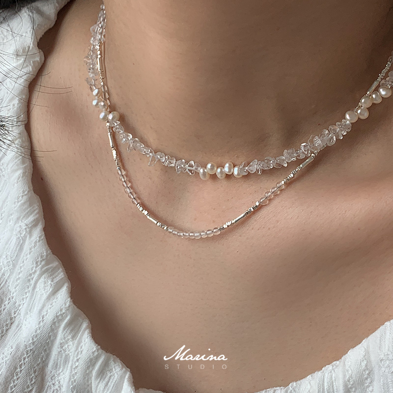 超仙花瓣珍珠不规则天然白水晶手工串珠项链 淡水珍珠925银女叠戴