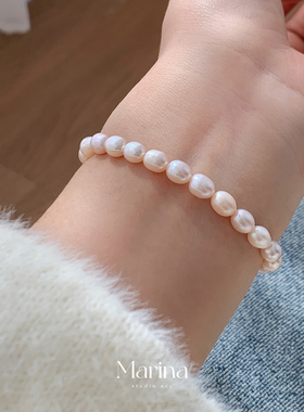 天然淡水珍珠手链强光小米珠弹力绳手工串珠椭圆轻奢手串女叠戴