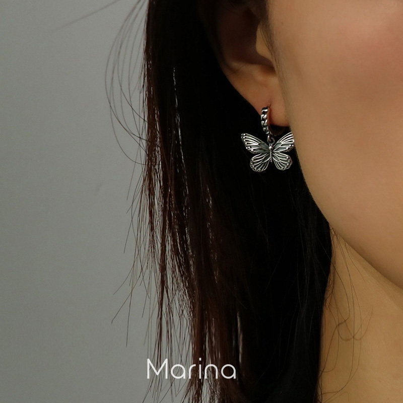 marina | 复古重工黑色大蝴蝶耳环 通体925纯银耳饰女潮简约夸张