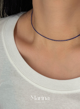 极细1mm天然青金石素圈项链  新中式天然石颈链锁骨链配件s925银