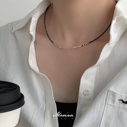 Marina｜新中式青金石碎银子项链 渐变蓝色串珠锁骨链s925纯银女