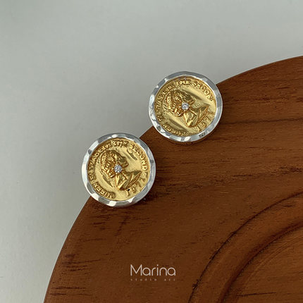 复古vintage人像硬币耳钉 通体925纯银小众设计高级感耳饰女