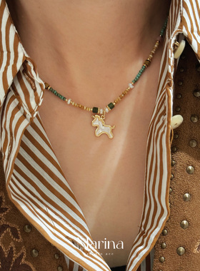 小众设计款贝壳独角兽吊坠项链 天然石手工串珠淡水珍珠锁骨链女