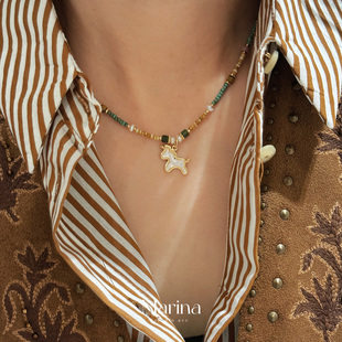 小众设计款 天然石手工串珠淡水珍珠锁骨链女 贝壳小马吊坠项链