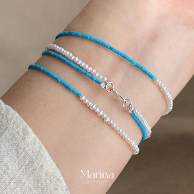 极细2mm蓝松石天然淡水珍珠手链 新中式清冷显贵手作串珠叠戴手串