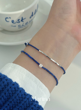 老祖宗审美【巨显白】天然青金石极细1mm手串编织手绳通体925纯银