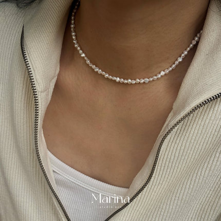 【强光巴洛克】超稀有极小碎银子颈链｜3-4mm天然不规则珍珠项链