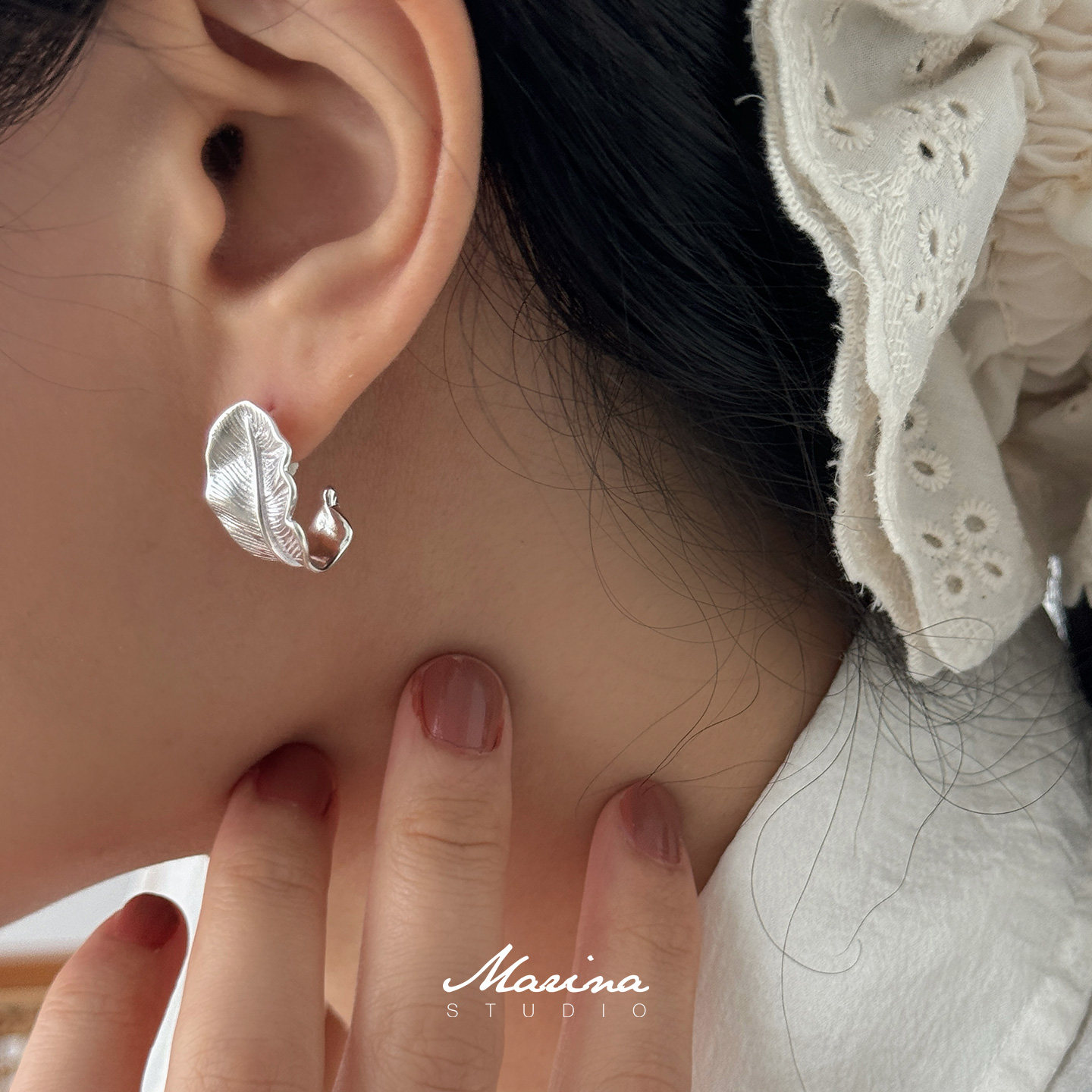 通体S925纯银 小众设计羽毛耳环叶子不规则肌理感女小树叶