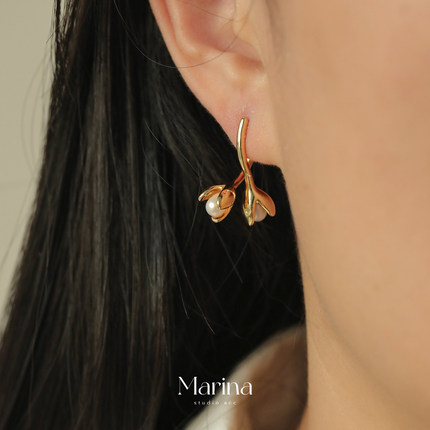 天然淡水珍珠【待开花苞】黄铜厚镀金复古法式高级感耳钉耳挂女