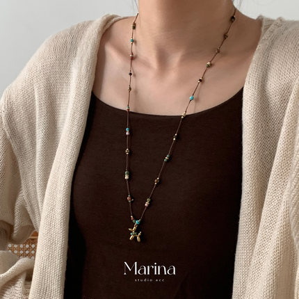 新中式天然石气球小狗编制项链 美拉德手工串珠毛衣链女小众设计