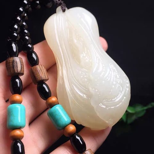 和田色玉白菜 百财吊坠羊脂色玉节节高挂件手把件连年有余玉坠玉