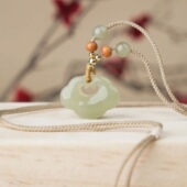 和田色平安锁项链如意祥云长命锁吊坠生日礼物国风玉佩挂件