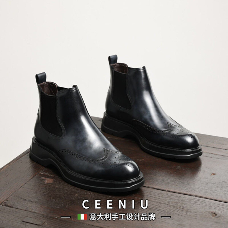 CEENIU意大利真皮手工短靴布洛克雕花男士高帮皮鞋复古切尔西靴