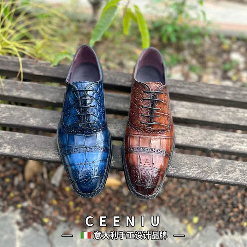 CEENIU意大利尼罗鳄鱼皮鞋男商务正装布洛克雕花缝固特异真皮男鞋