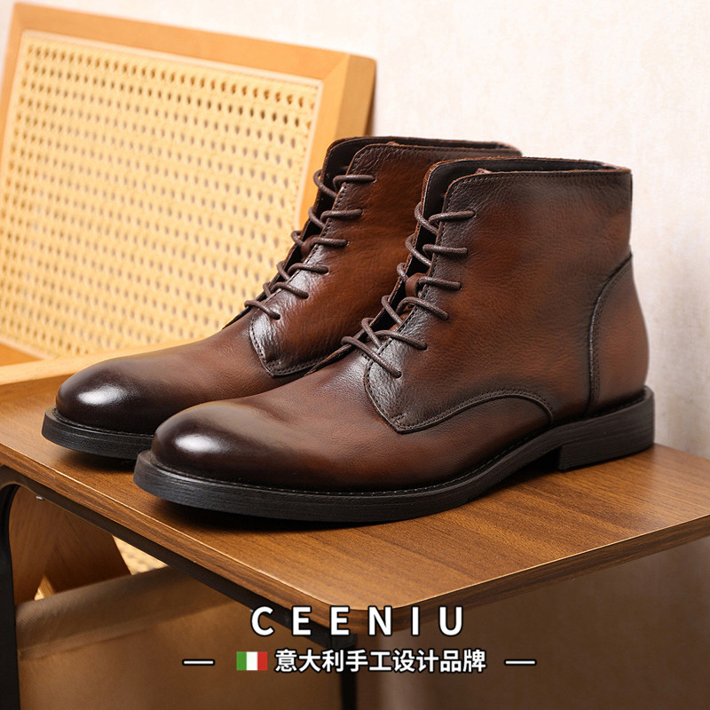CEENIU意大利头层牛皮擦色做旧复古风真皮绑带粗跟增高马丁靴男靴