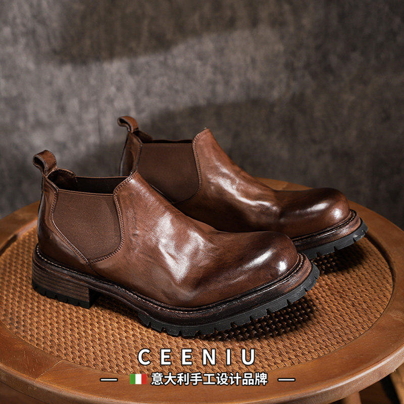 CEENIU意大利固特异男士水洗马皮切尔西短靴手工低帮工装休闲皮鞋
