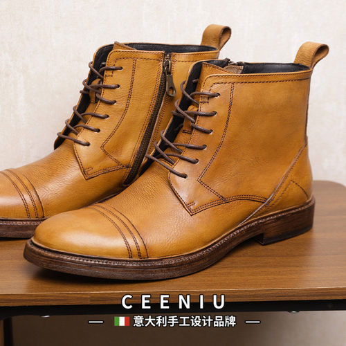 CEENIU意大利牛皮手工做旧复古高帮皮鞋男鞋真皮马丁靴增高工装靴