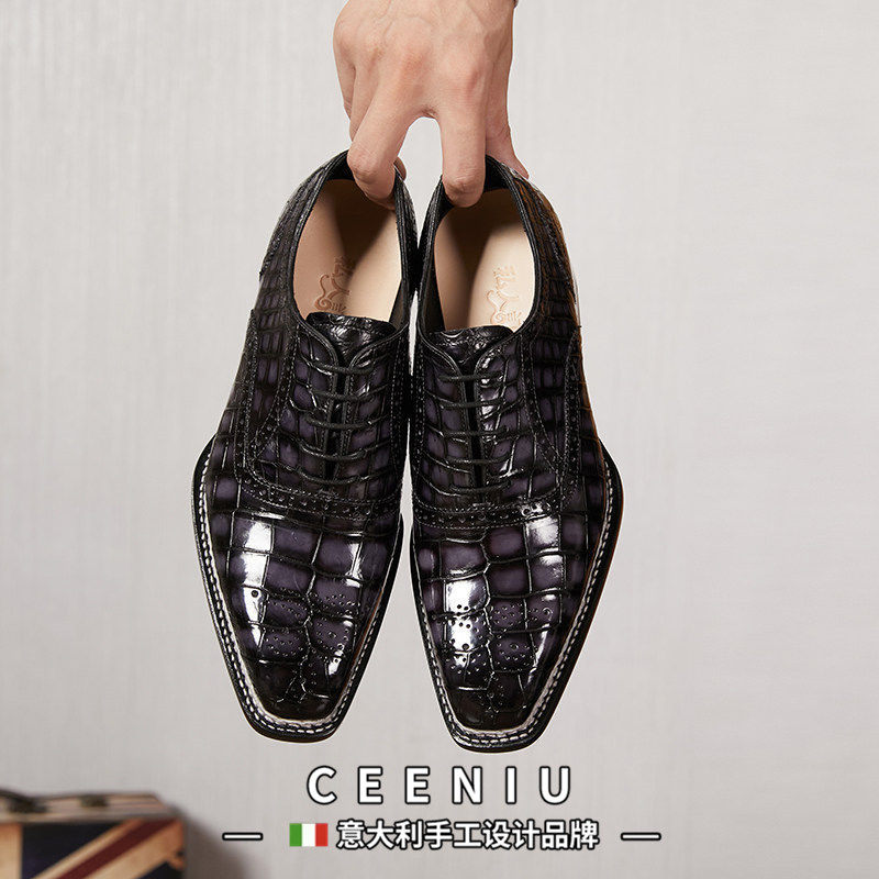 CEENIU意大利鳄鱼皮鞋意大利擦色挪威缝布洛克雕花牛固特异男鞋