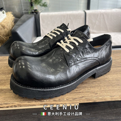 CEENIU意大利手工牛皮沿条厚皮底男士德比皮鞋男休闲大头复古皮鞋