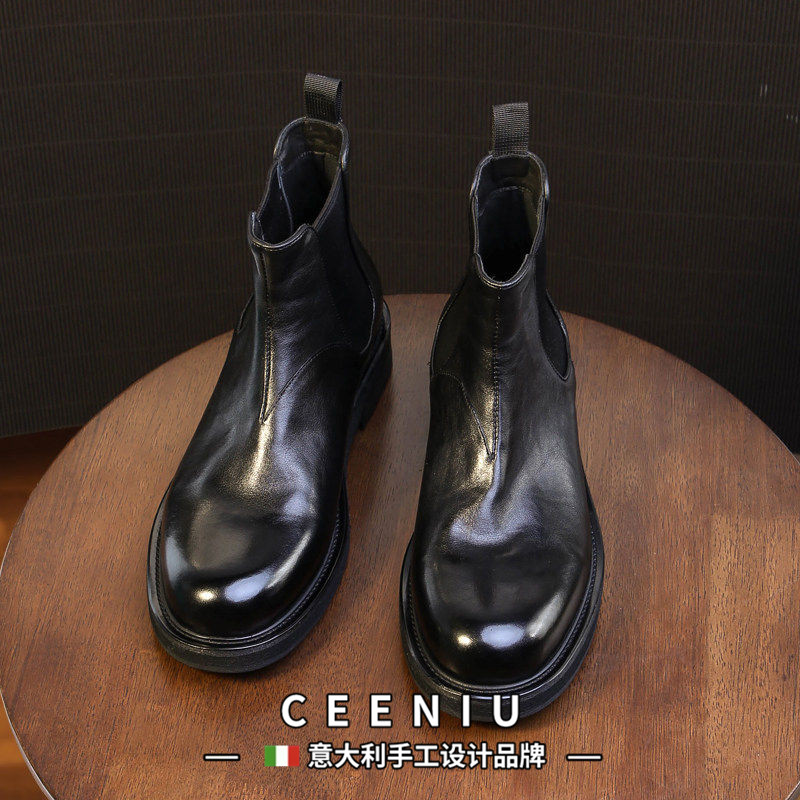 CEENIU意大利水洗马皮切尔西靴子男真皮复古烟筒靴厚底休闲马丁靴