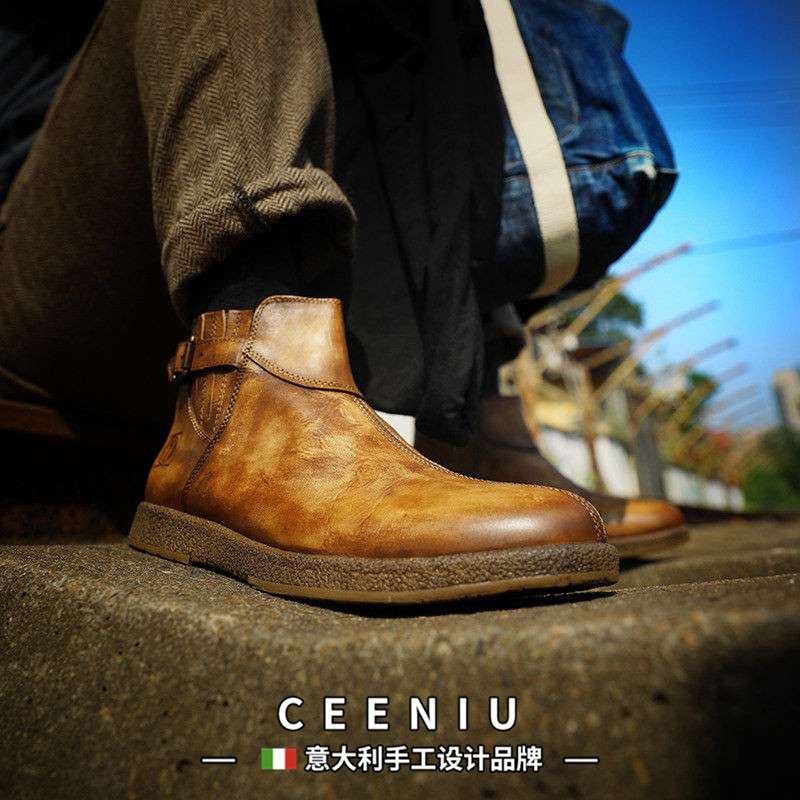 CEENIU意大利真皮复古手工做旧欧美高帮皮鞋男切尔西靴英伦马丁靴