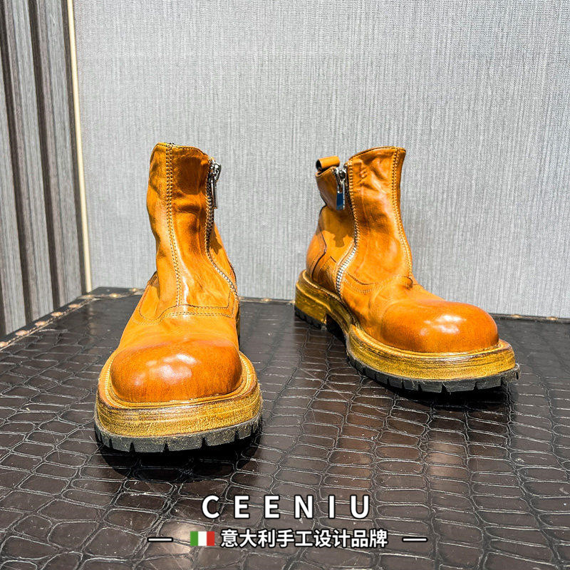 CEENIU意大利固特异水洗马皮切尔西靴男原创拉链复古做旧马丁靴男