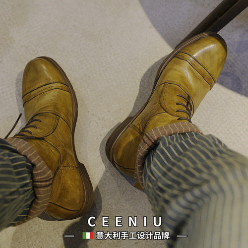 CEENIU意大利复古潮厚底马丁靴真皮手工做旧舒适皮靴男软底工装靴
