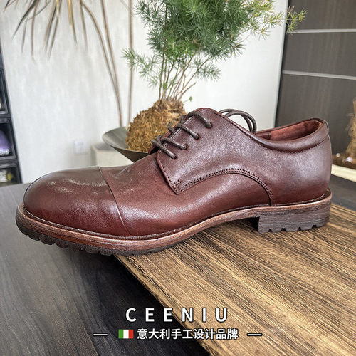 CEENIU意大利植鞣马皮沿条工艺皮底男士德比皮鞋男休闲复古皮鞋