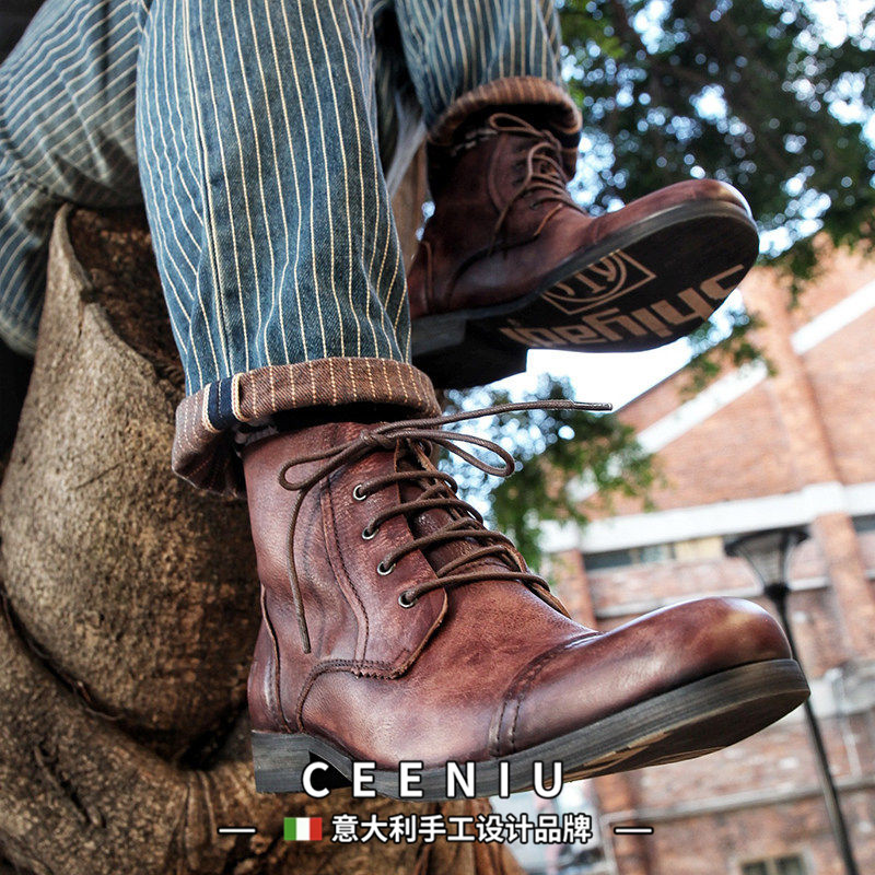 CEENIU意大利原创手工做旧真皮马丁靴英伦高帮鞋日系复古工装靴