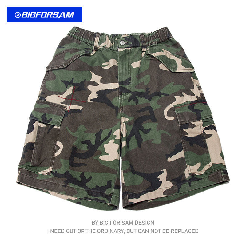 BIGFORSAM夏季复古洗水做旧重磅迷彩工装宽松直筒休闲M65军短裤男