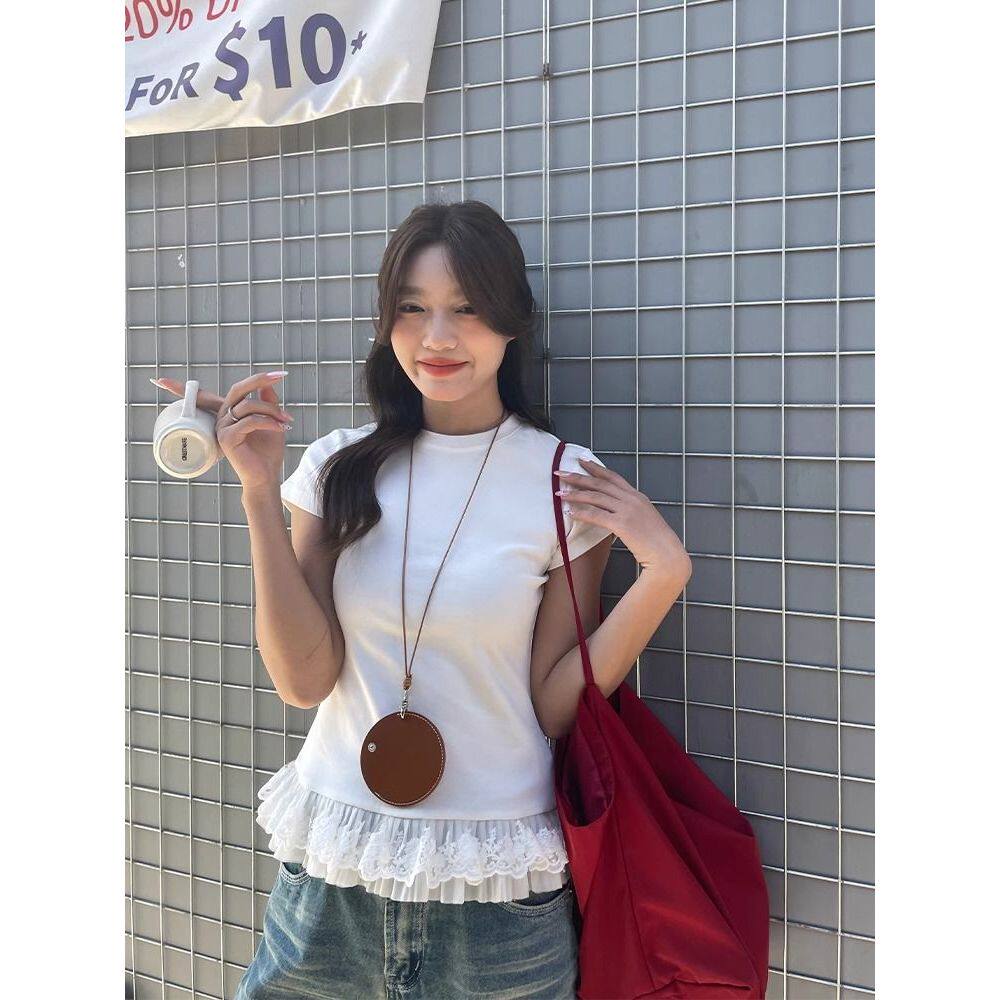 高级感蕾丝修身短袖T恤女夏季2025新款正肩收腰设计感白色上衣