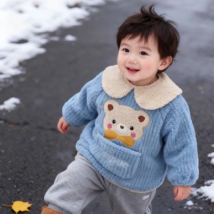 儿童罩衣男女宝冬外穿可爱防脏泰迪绒加厚反穿衣长袖围兜护衣防水