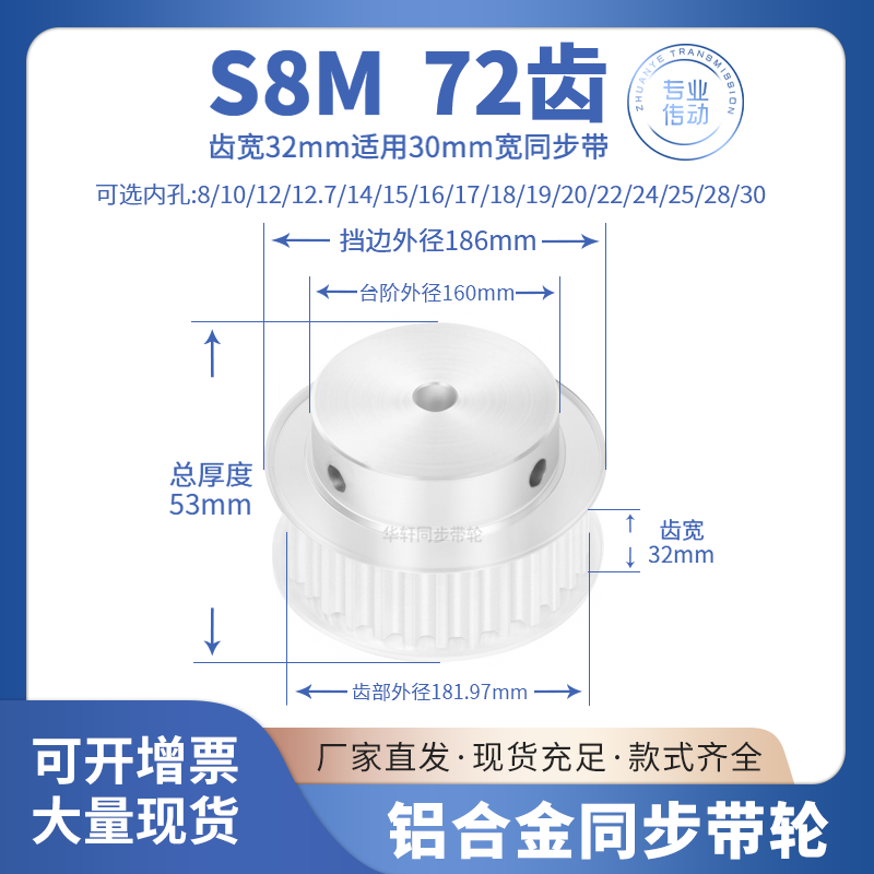 同步带轮S8M72齿宽32内孔14 15 16 17 18 19 20S8M传动皮带同步轮