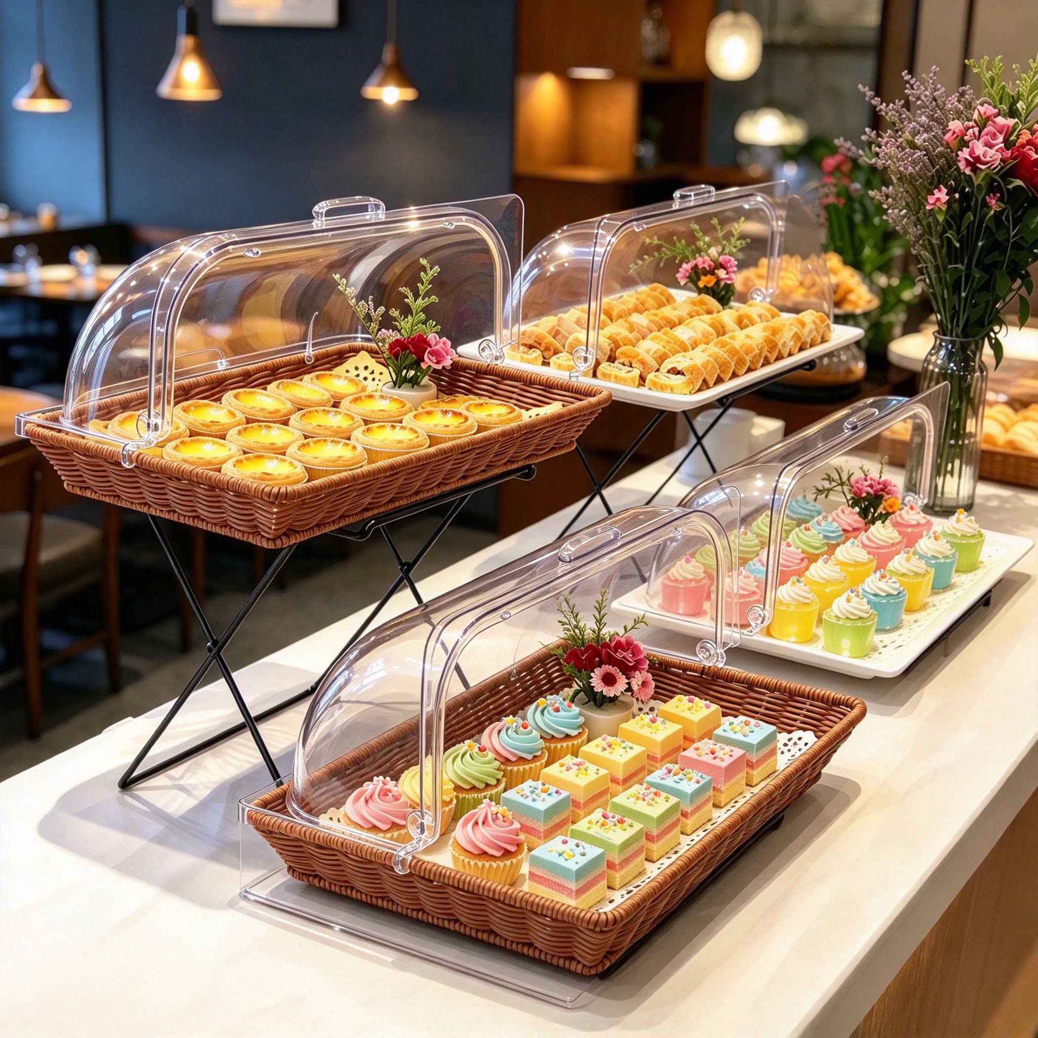 双层欧式自助餐点心架藤编面包篮带盖蛋挞水果篮展示架食品收纳