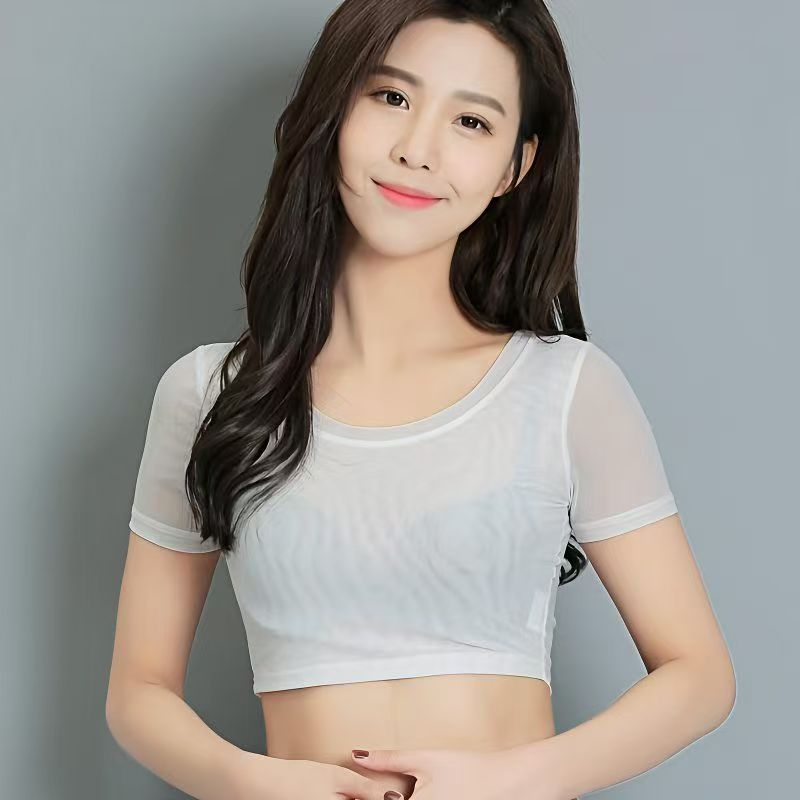 2020春夏女短袖薄款纱衣短款网纱t恤低领内搭小衫新款半截打底衫