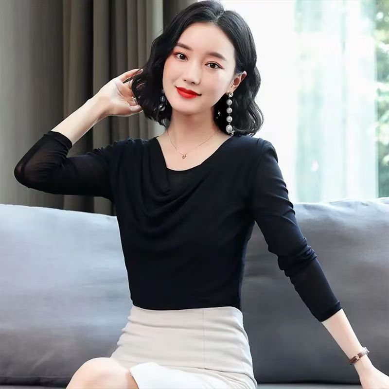 2025春秋季新款薄款网纱长袖上衣女洋气荡领显瘦T恤打底气质小衫