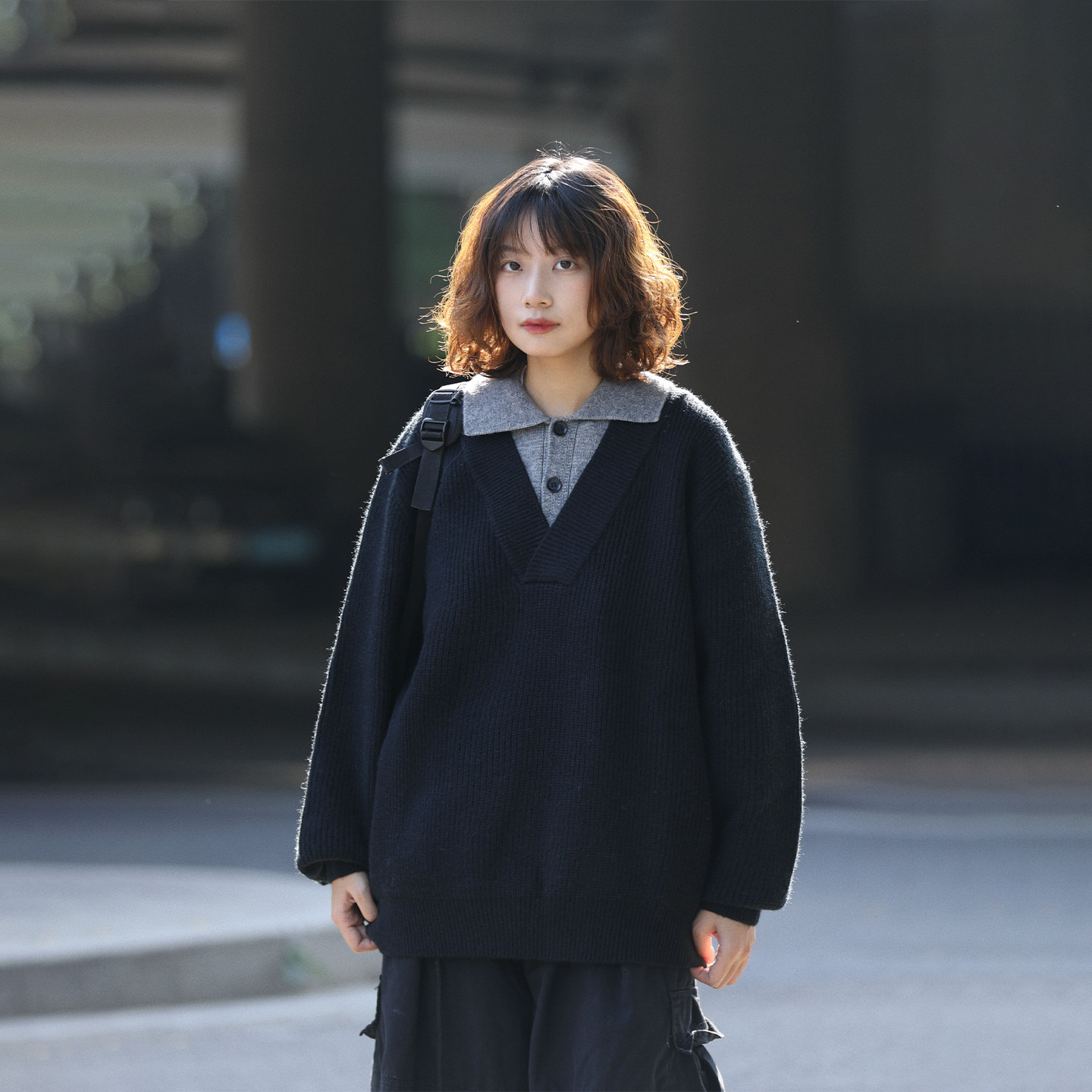 阿于呆日系假两件Polo领毛衣