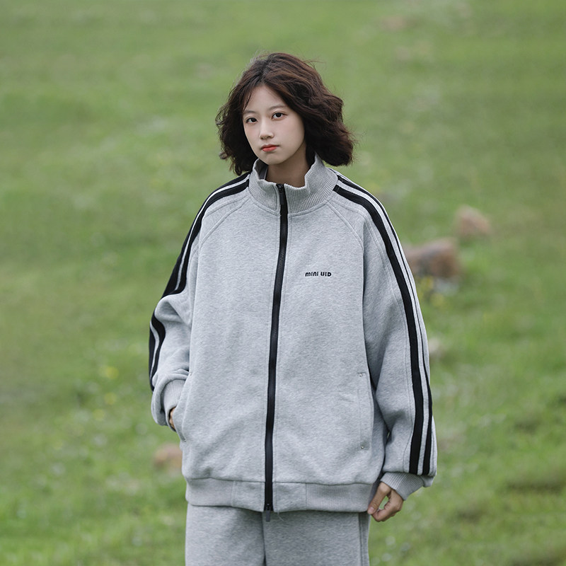 阿于呆美式复古三条杠开衫卫衣男春秋宽松休闲运动外套女情侣上衣