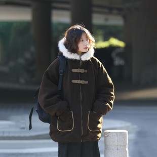 阿于呆冬季羊羔绒毛领连帽棉服男日系复古加厚工装棉衣保暖外套女