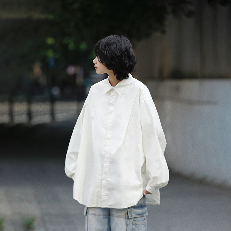 阿于呆翻领长袖复古多纽扣衬衫