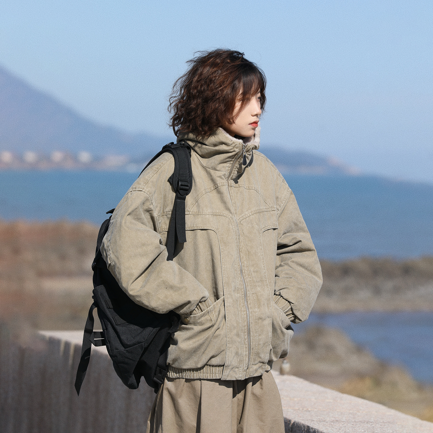 阿于呆做旧加厚羊羔毛立领棉衣