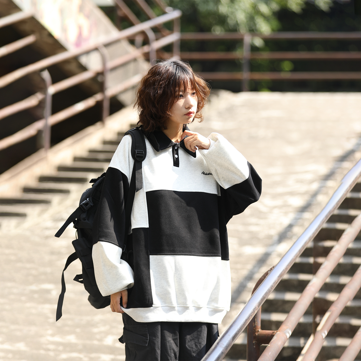 阿于呆日系复古拼色Polo衫卫衣