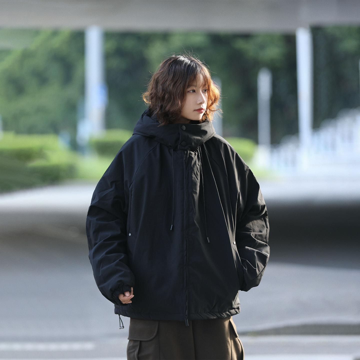 阿于呆美式机能工装加厚连帽棉服