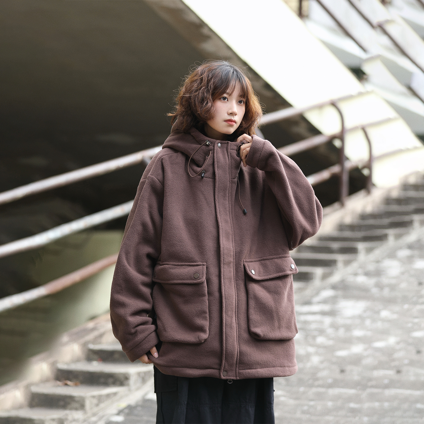 阿于呆冬季大口袋工装加厚棉服