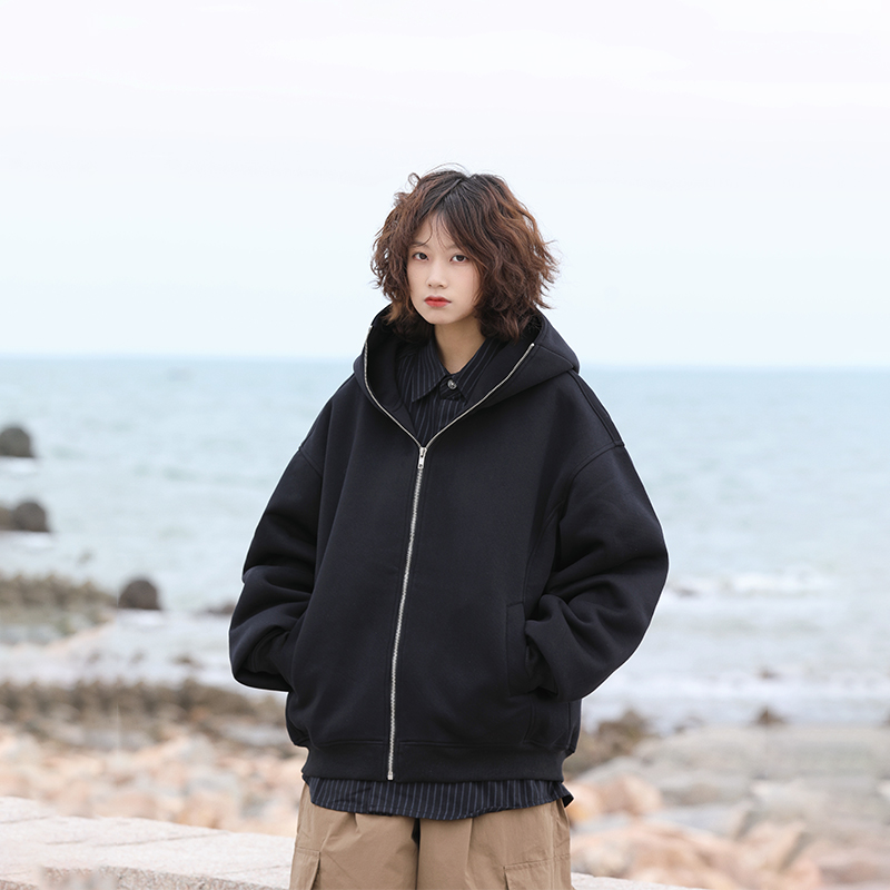 阿于呆简约重磅460g连帽黑色卫衣