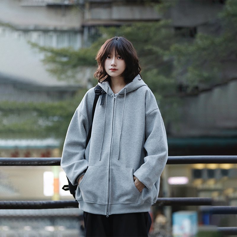 阿于呆重磅纯色基础开衫连帽卫衣