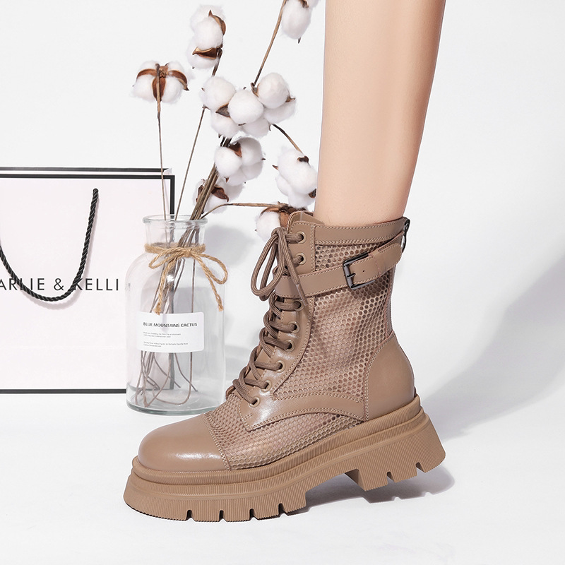 小羊轻奢厚底网纱马丁靴女士2026新春夏款镂空透气小个子增高凉靴