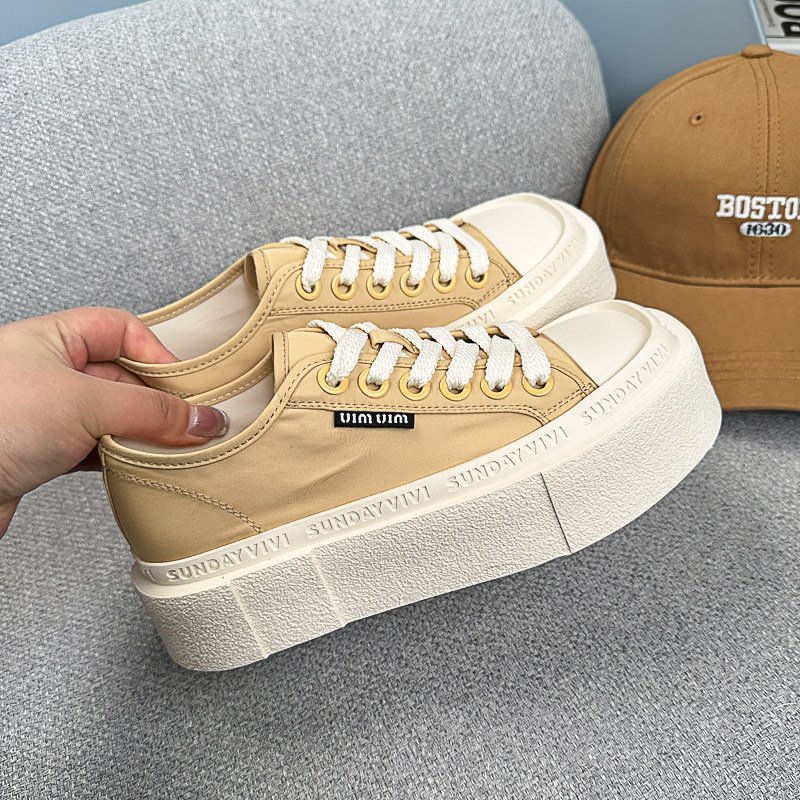 小羊轻奢方头厚底增高板鞋女2026年新款夏季透气百搭休闲帆布鞋子