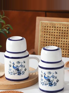 大容量带盖子青花孔雀陶瓷杯喝水杯咖啡杯复古风马克杯情侣杯