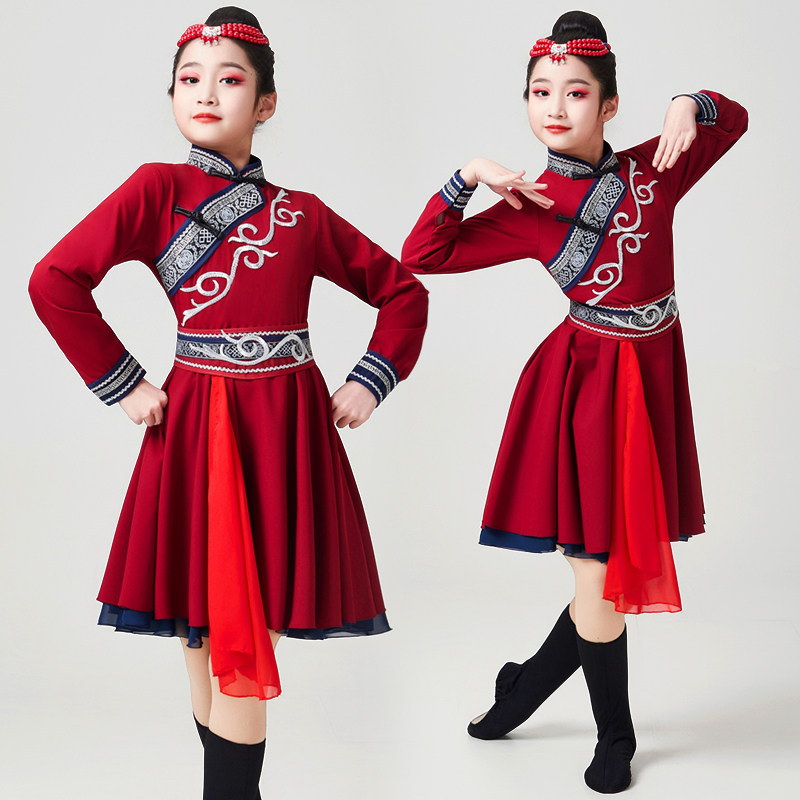 蒙古服装女儿童蒙古族舞蹈演出服白马蒙族幼儿民族草原筷子舞服饰